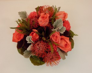 Pincushion protea with roses, rough and smooth
