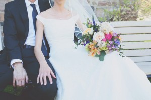 Bride and groom with bouquet